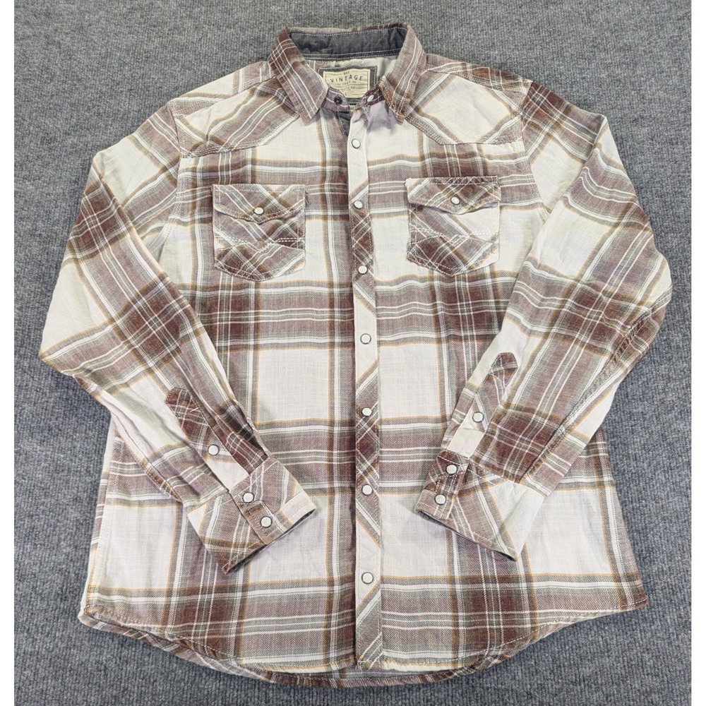 BKE Vintage Mens Large Athletic Fit Western Pearl Snap Plaid Shirt Brown V410FPW